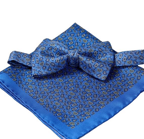 Pajarita y Pañuelo seda azul Francia con Paisley azul