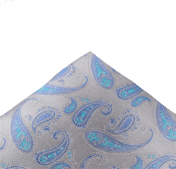 Pañuelo de bolsillo gris con paisley azul