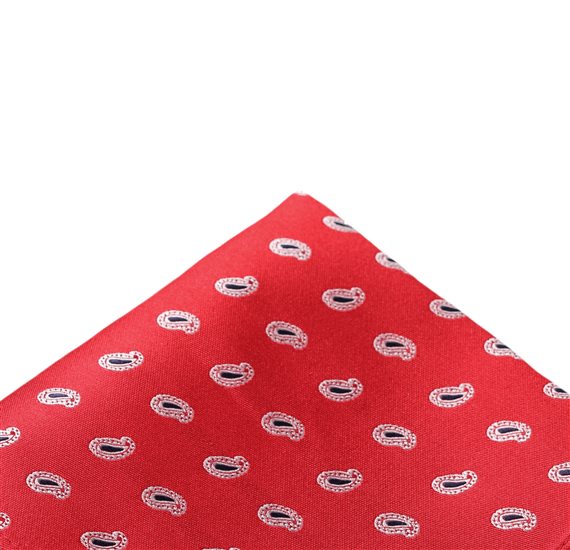 Pañuelo de bolsillo rojo con paisley blanco y azul
