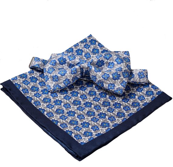 Pajarita y Pañuelo Seda Flores Azul y Gris