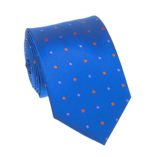 Blaukrawatte mit orangen und lila Punkten