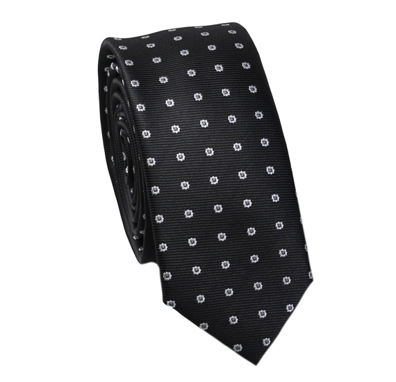 Schmale Schwarze Krawatte mit Weißen Blumen