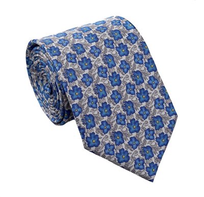 Krawatte aus Seide Grau und Blau Blumen