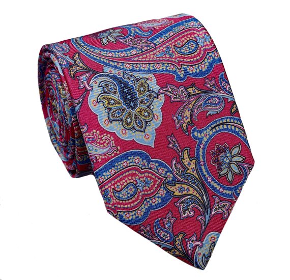 Krawatte und Einstecktuch Fuchsia aus Naturseide mit Paisleymuster