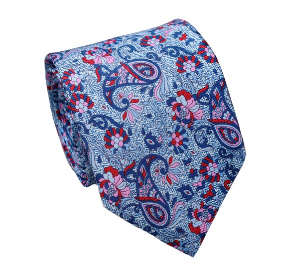 Krawatte und Seiden-Taschentuch Paisley Blau und Rosa