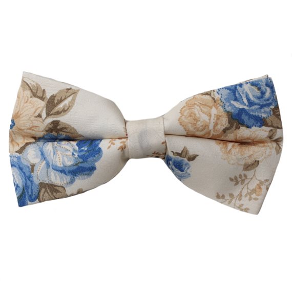 Fliege Beige mit Kamel- und Blauen Blumen