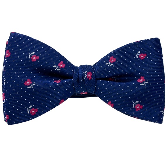 Fliege und Einstecktuch in Marineblau mit Magenta-Rosen