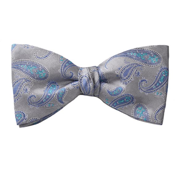 Fliege und Seiden-Taschentuch Grau Paisley Blau