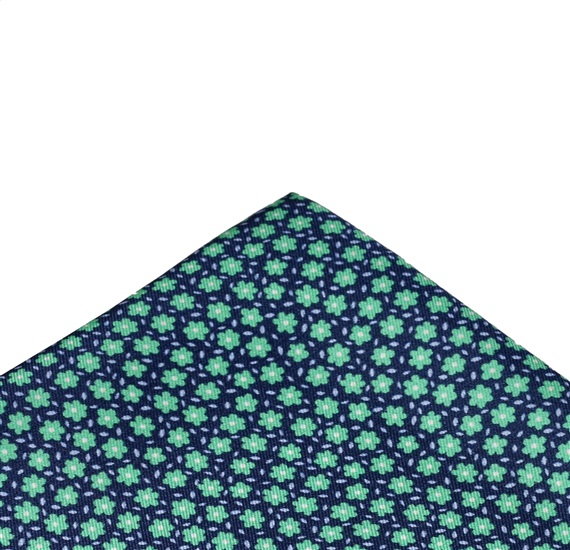 Blauer Seiden Einstecktuch mit Grünen Blumen