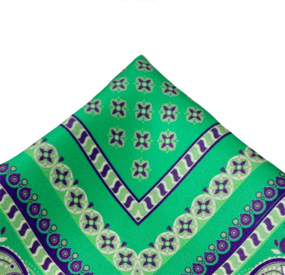 Grünes Seiden-Taschentuch mit lila Paisley-Muster