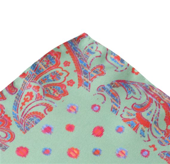 Grünes Seiden-Taschentuch mit orangefarbenem Paisley-Muster