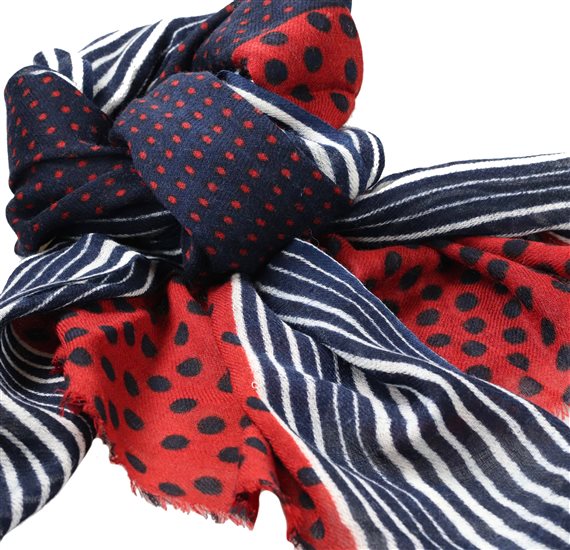 Pashmina mit blauen und bordeauxroten Punkten