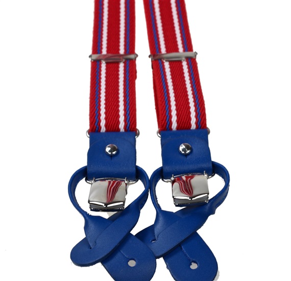 Schmale Elastische Hosenträger aus Rotem Leder mit Blauen Streifen