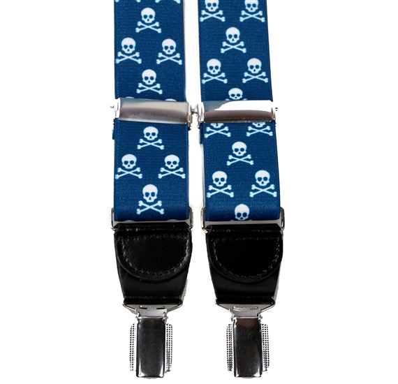 Elastische Leder Hosenträger Blau mit Weißen Totenköpfen