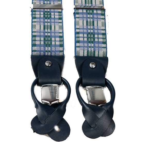 Elastische Hosenträger aus Leder mit blauen und grünen Karos