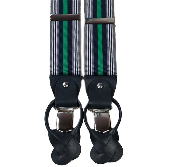 Elastische Hosenträger aus grauem Leder mit blauen und grünen Streifen