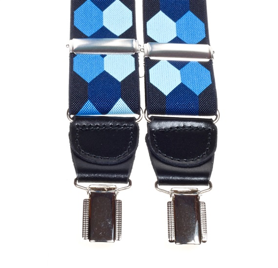 Elastische Hosenträger aus blauem Leder mit Sechsecken