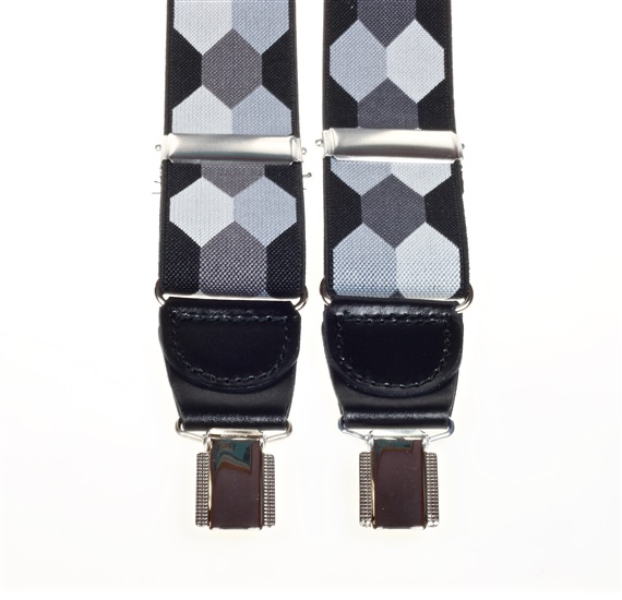 Elastische Hosenträger aus Grau und Schwarzem Leder mit Sechsecken