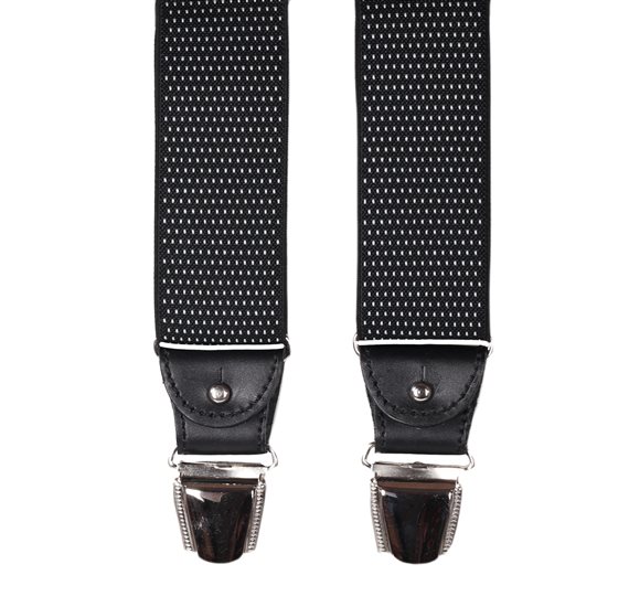 Elastische Hosenträger aus schwarzem Leder mit weißen Flecken