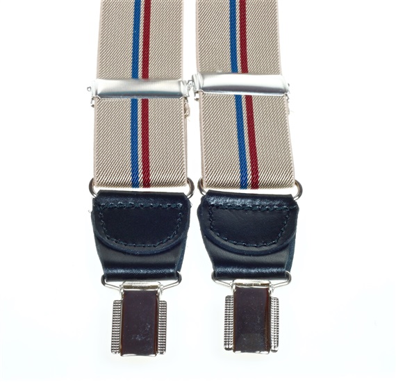 Elastische Hosenträger aus Leder mit blauen und granatfarbenen Streifen