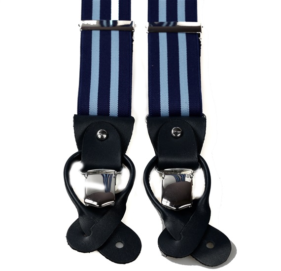 Elastische Hosenträger aus Leder mit dunkelblauen und himmelblauen Streifen