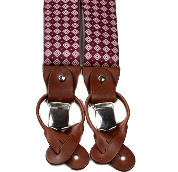 Elastische Hosenträger aus Leder mit Bordeauxfarbenen Rauten
