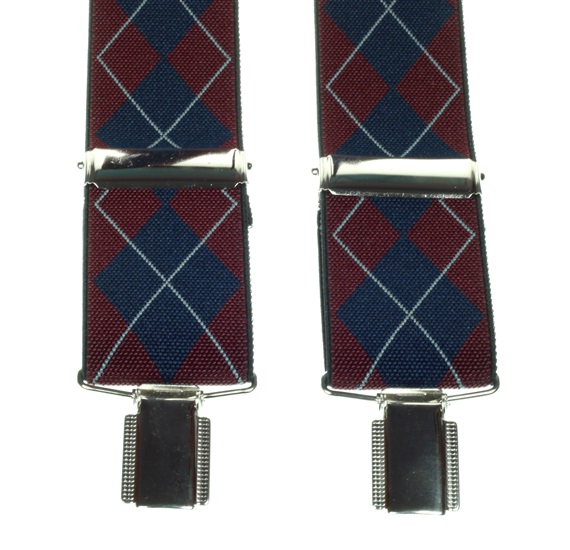 Elastische Hosenträger mit blauen und granatfarbenen Rauten