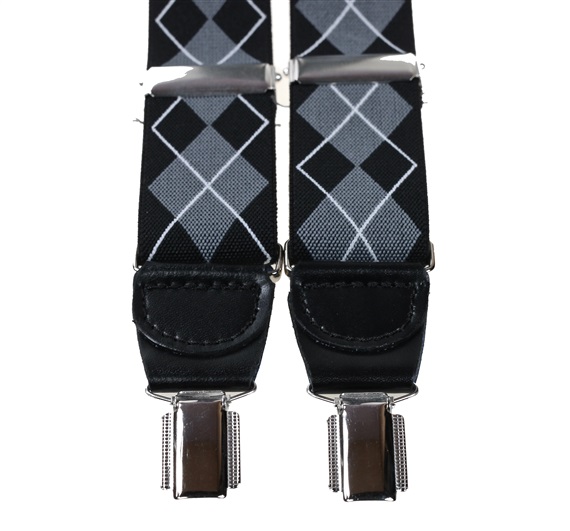 Elastische Hosenträger aus grauem und schwarzem Leder mit Rautenmuster
